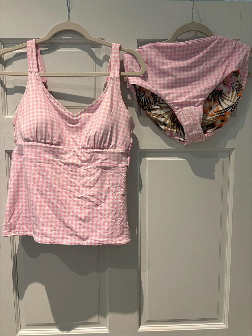NWT Lands' End Pink Gingham ReversibleTankini Top and High-Waist Bikini Bottoms